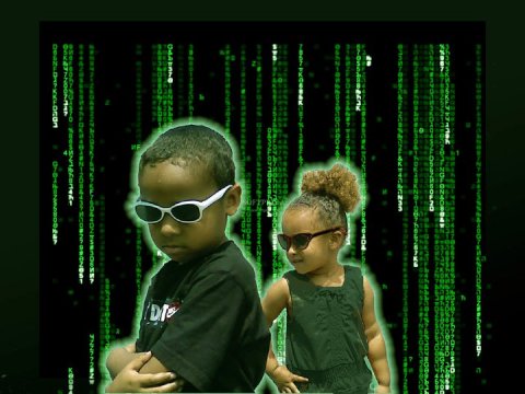 futuristic children placed in a faux matrix background